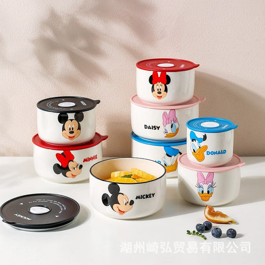 Disney Ceramic Bowl With Lid Microwave Oven Bowl 3 Pcs Student Thicken Lunch Box