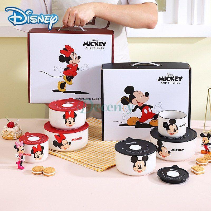 Disney Ceramic Bowl With Lid Microwave Oven Bowl 3 Pcs Student Thicken Lunch Box
