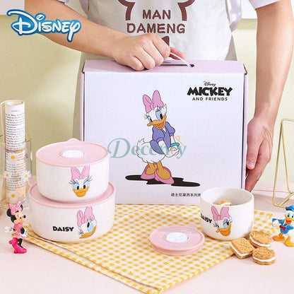 Disney Ceramic Bowl With Lid Microwave Oven Bowl 3 Pcs Student Thicken Lunch Box
