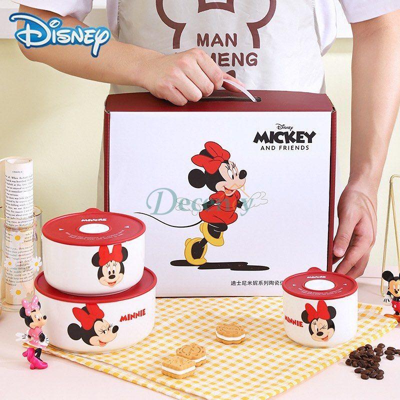 Disney Ceramic Bowl With Lid Microwave Oven Bowl 3 Pcs Student Thicken Lunch Box
