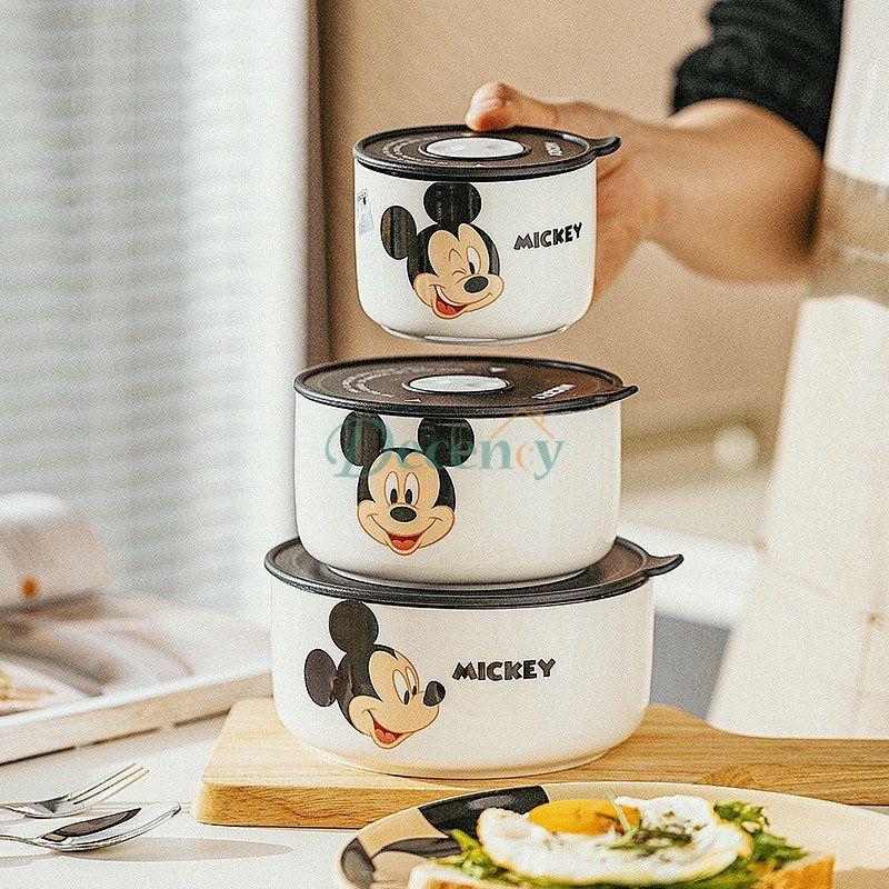 Disney Ceramic Bowl With Lid Microwave Oven Bowl 3 Pcs Student Thicken Lunch Box