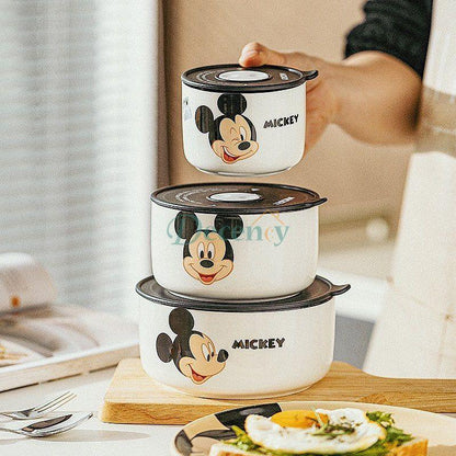 Disney Ceramic Bowl With Lid Microwave Oven Bowl 3 Pcs Student Thicken Lunch Box