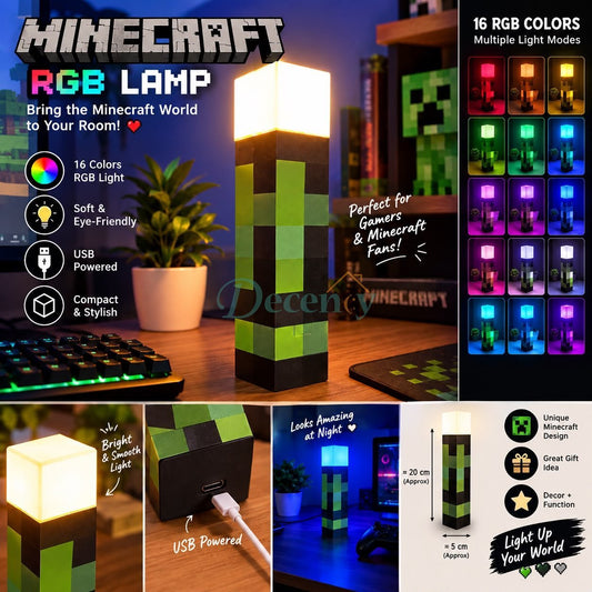 3D Minecraft torch RGB night lamp with pixel block design on gaming desk