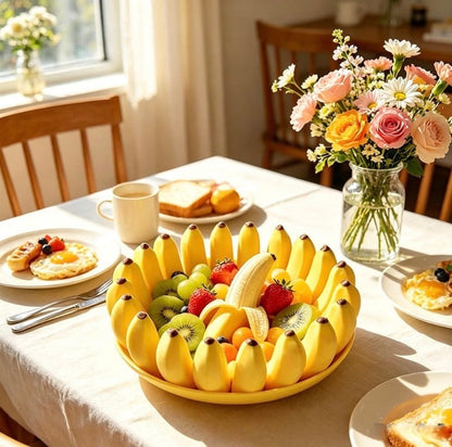 Front view of a vibrant yellow 3D printed banana fruit bowl for kitchen decoration.