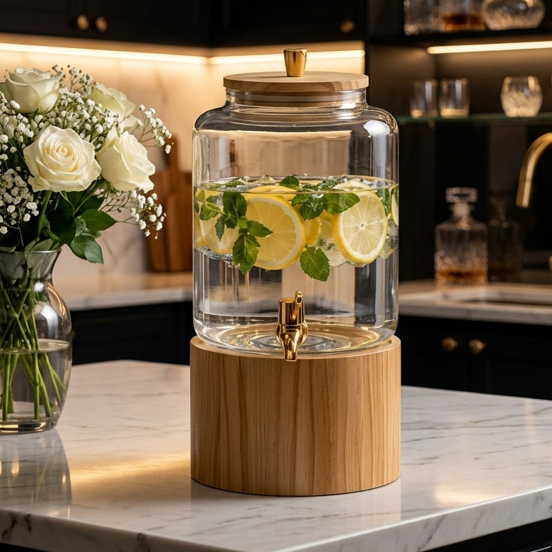 3L clear glass beverage dispenser with lemon infused water on a wooden stand