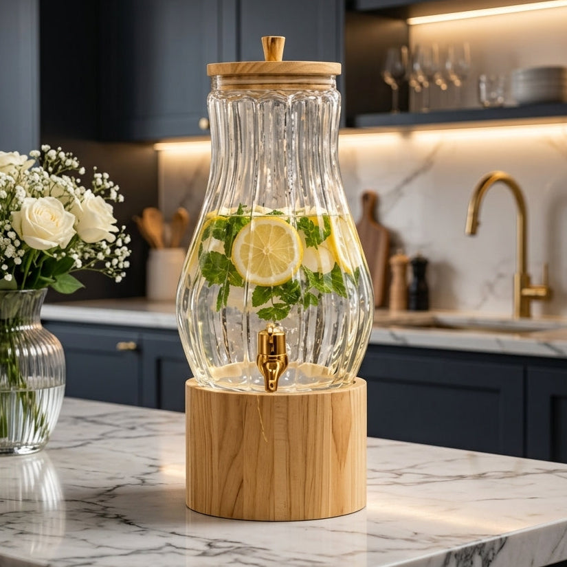 3.5L clear ribbed glass beverage dispenser on a wooden base filled with lemon infused water