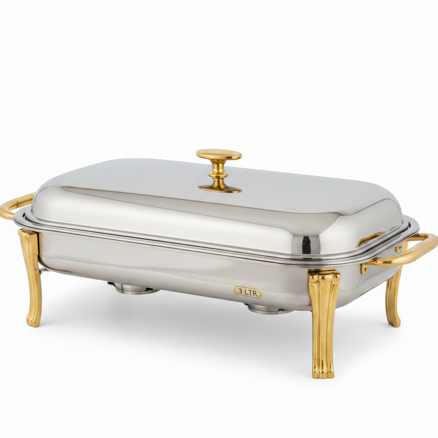 3L rectangular stainless steel chafing dish with luxury gold accents on a dining table