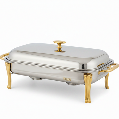3L rectangular stainless steel chafing dish with luxury gold accents on a dining table