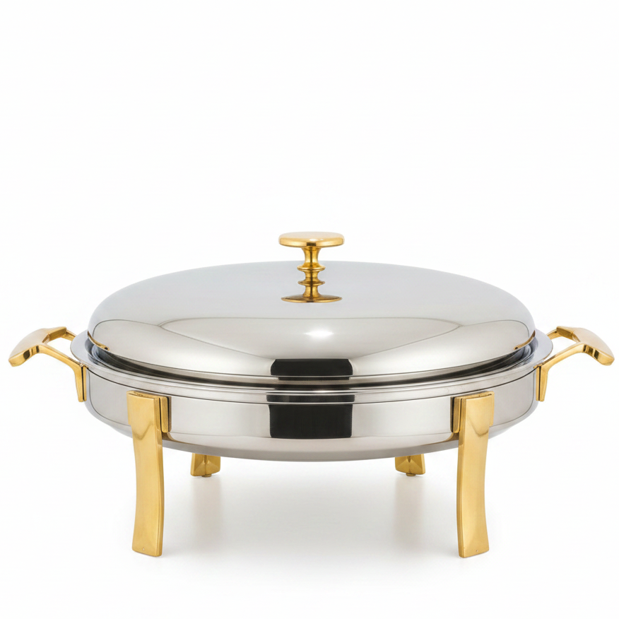 3L stainless steel round chafing dish with elegant gold accents for Pakistani wedding buffet catering.