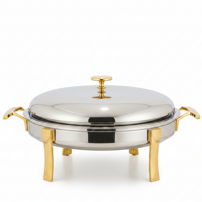 3L stainless steel round chafing dish with elegant gold accents for Pakistani wedding buffet catering.