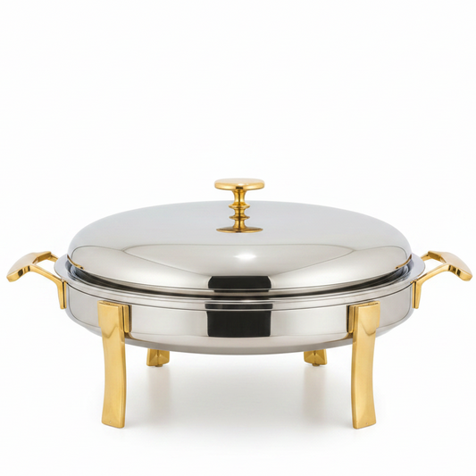 3L stainless steel round chafing dish with elegant gold accents for Pakistani wedding buffet catering.