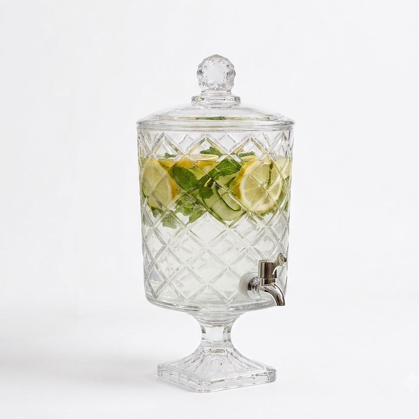 Luxury 4.5L glass juice dispenser set up on an outdoor garden table for hosting