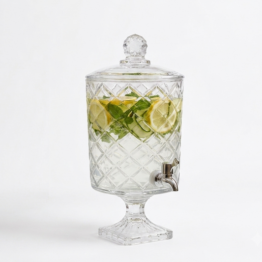 Luxury 4.5L glass juice dispenser set up on an outdoor garden table for hosting
