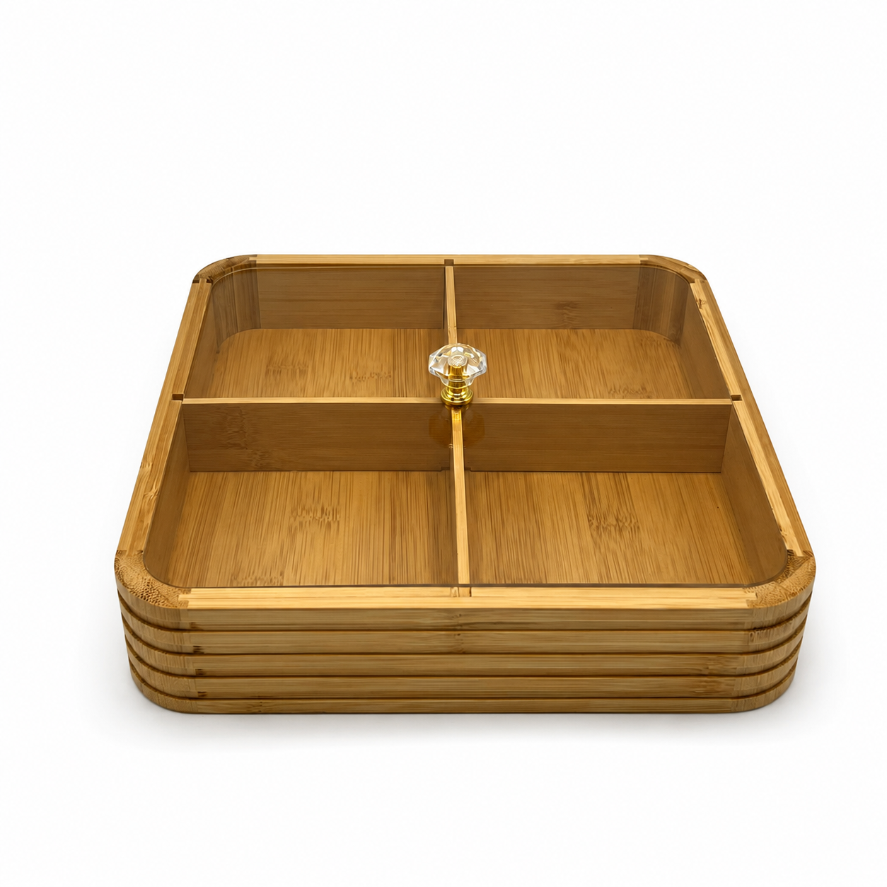 Premium bamboo 4-compartment dry fruit tray with a clear acrylic lid on a kitchen counter.