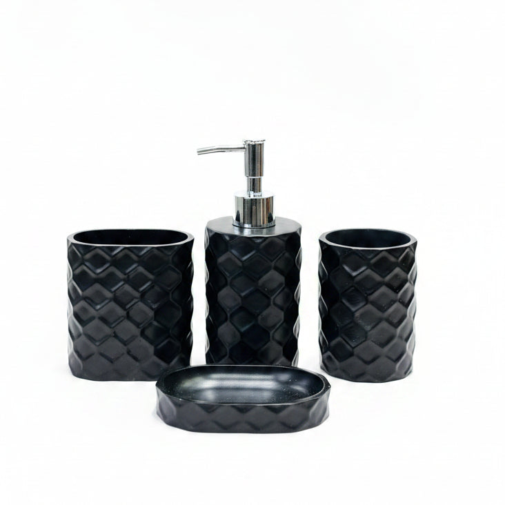 Complete 4 pcs matte black textured bathroom accessory set with soap dispenser, toothbrush holder, tumbler, and soap dish