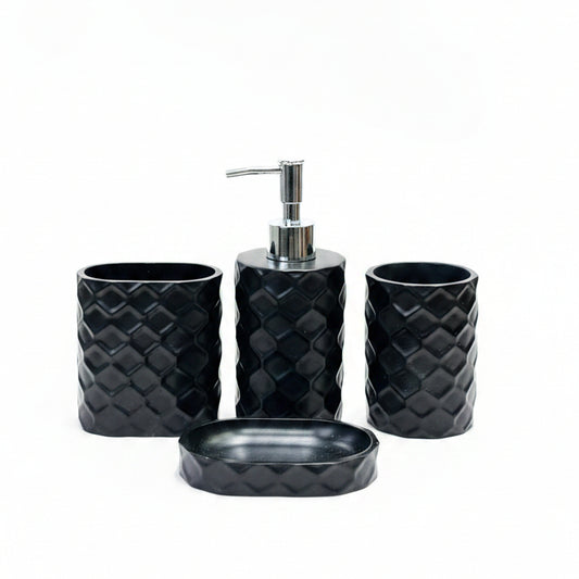 Complete 4 pcs matte black textured bathroom accessory set with soap dispenser, toothbrush holder, tumbler, and soap dish