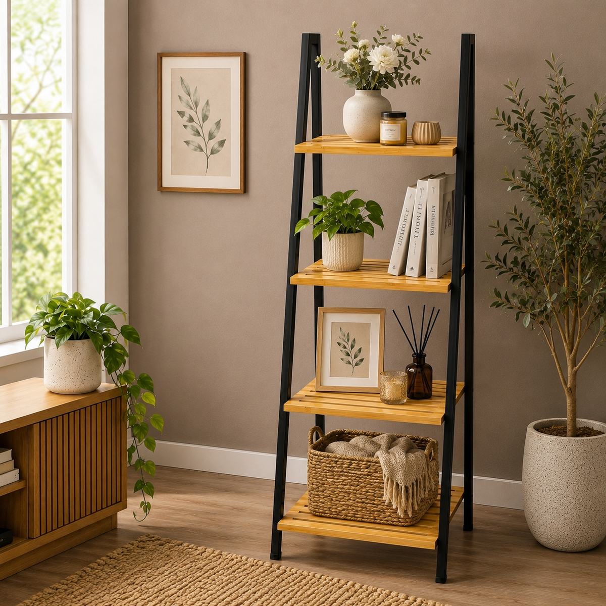 Modern 4-tier wooden ladder shelf with black metal frame standing in a modern living room