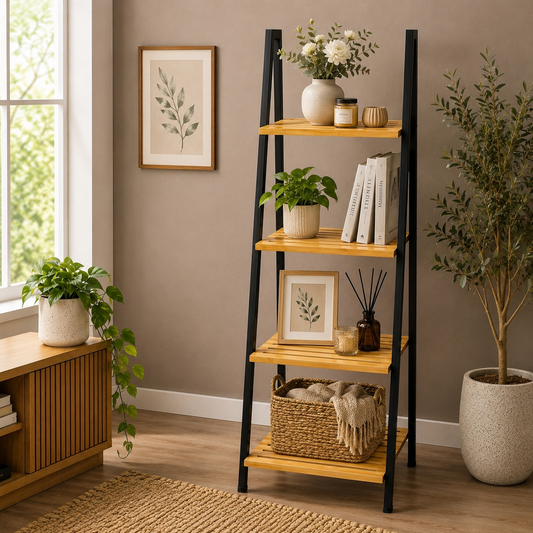 Modern 4-tier wooden ladder shelf with black metal frame standing in a modern living room