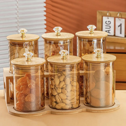 Elegant 6-Piece Glass Jar Set – With Wooden Stand