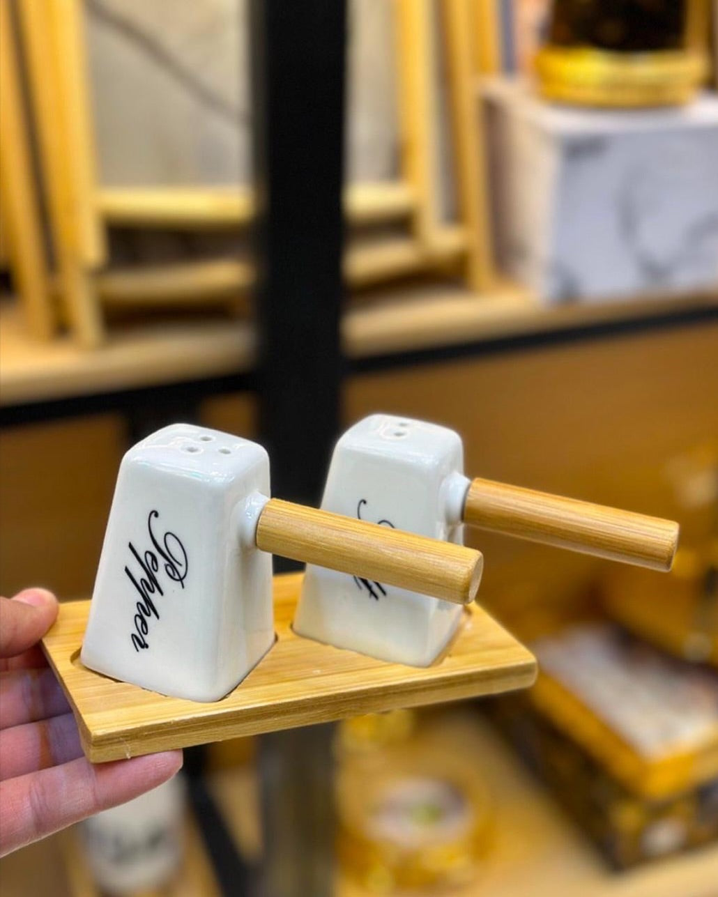 Salt Shaker Set With Wooden Handle & Bamboo Base