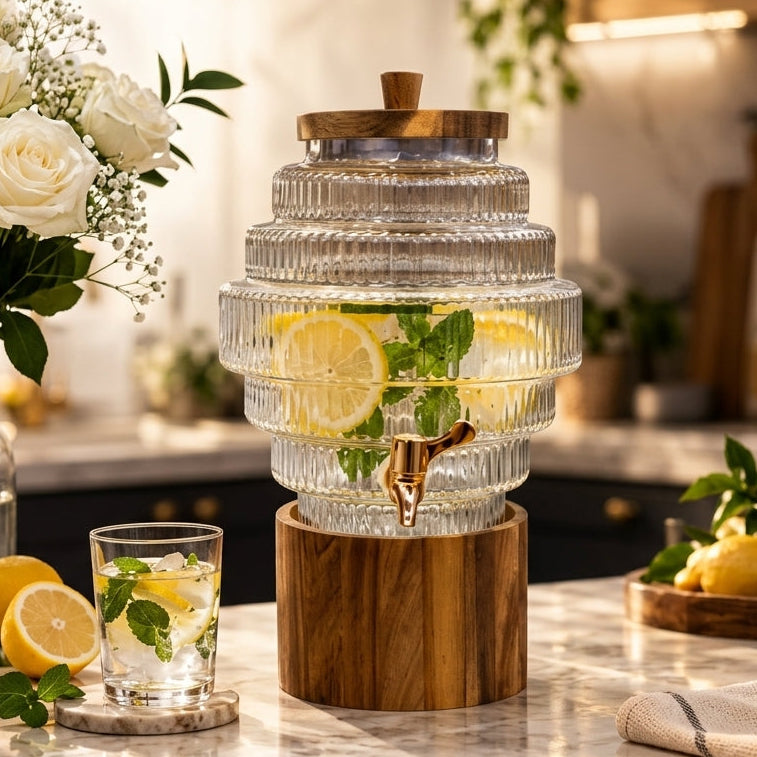 4L layered circle glass beverage dispenser with a wooden stand and brass tap on a kitchen counter.