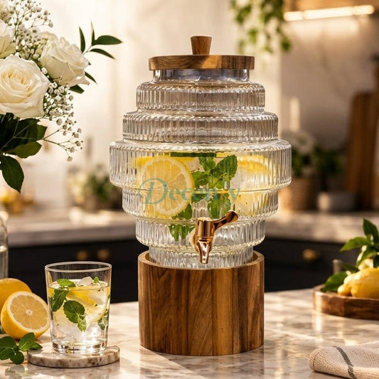 4L layered circle glass beverage dispenser with a wooden stand and brass tap on a kitchen counter.