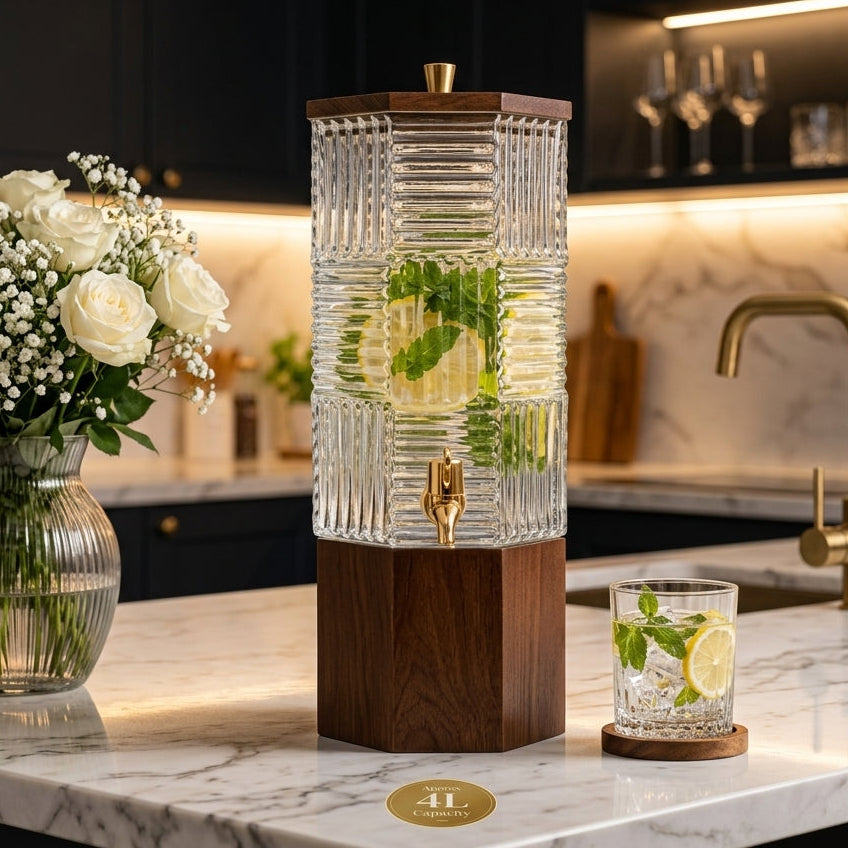 4L modern block glass beverage dispenser filled with mint lemonade on a wooden stand in a luxury kitchen