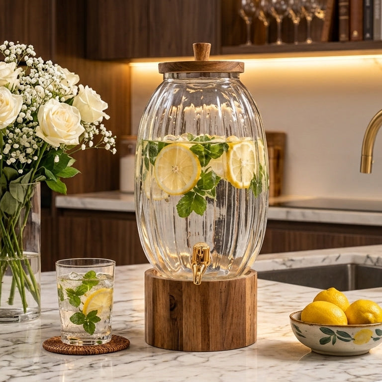 4.5L oval ribbed glass beverage dispenser filled with lemon mint water on a wooden stand
