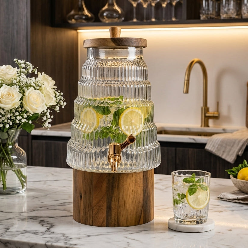 4L ribbed glass beverage dispenser with wooden base and brass tap filled with lemon detox water on a marble kitchen counter