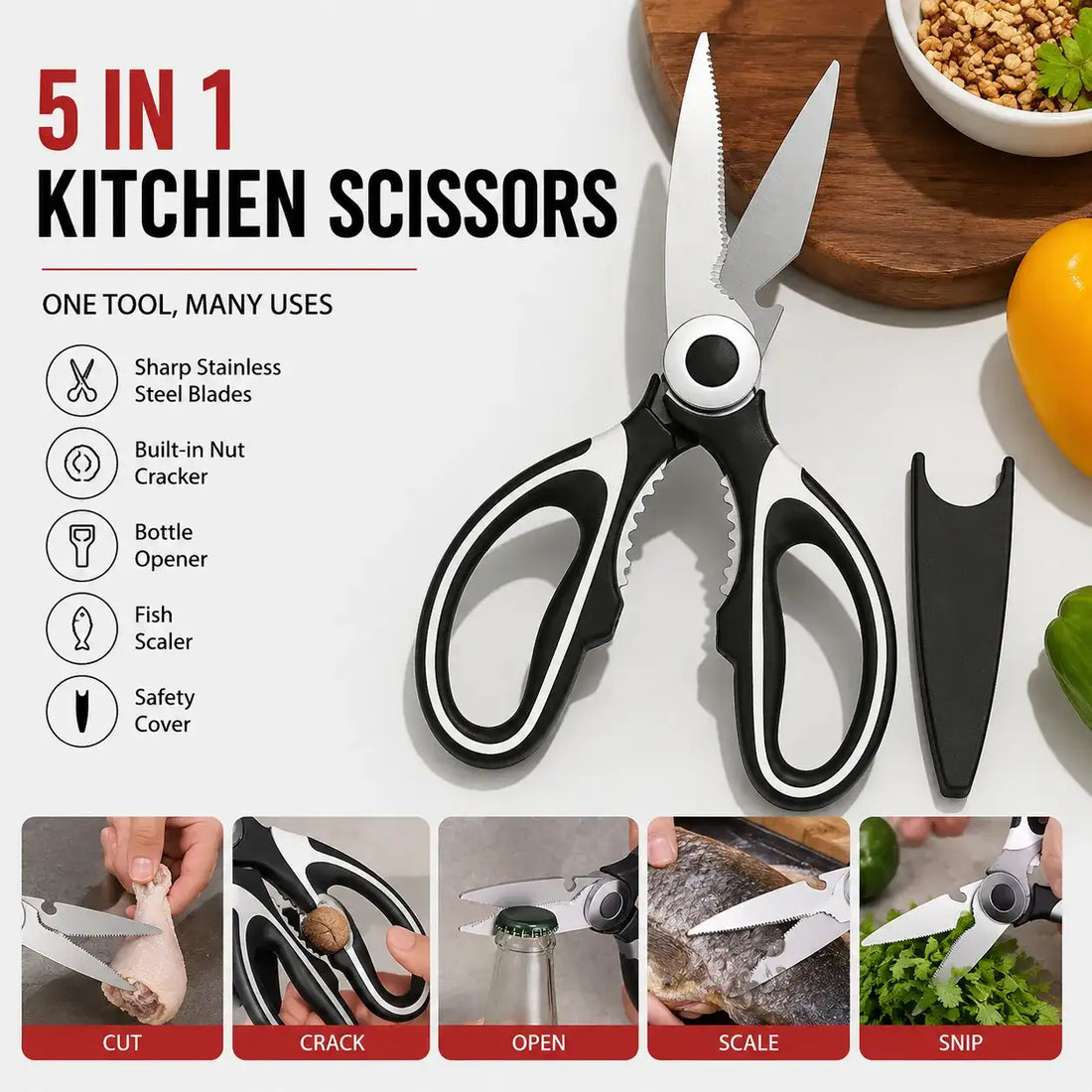 5-in-1 multi-functional stainless steel kitchen scissors with black and white grip and safety cover.