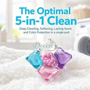 Single 5-in-1 multi-chamber laundry detergent pod resting on soft white towels