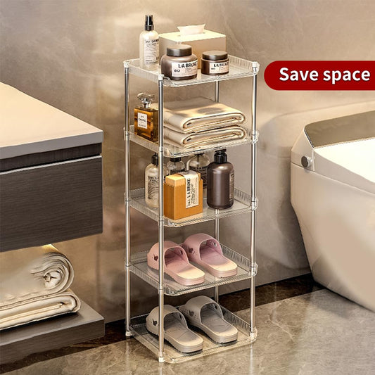 5-layer transparent acrylic shoe rack displaying high heels and sneakers in a modern home entryway