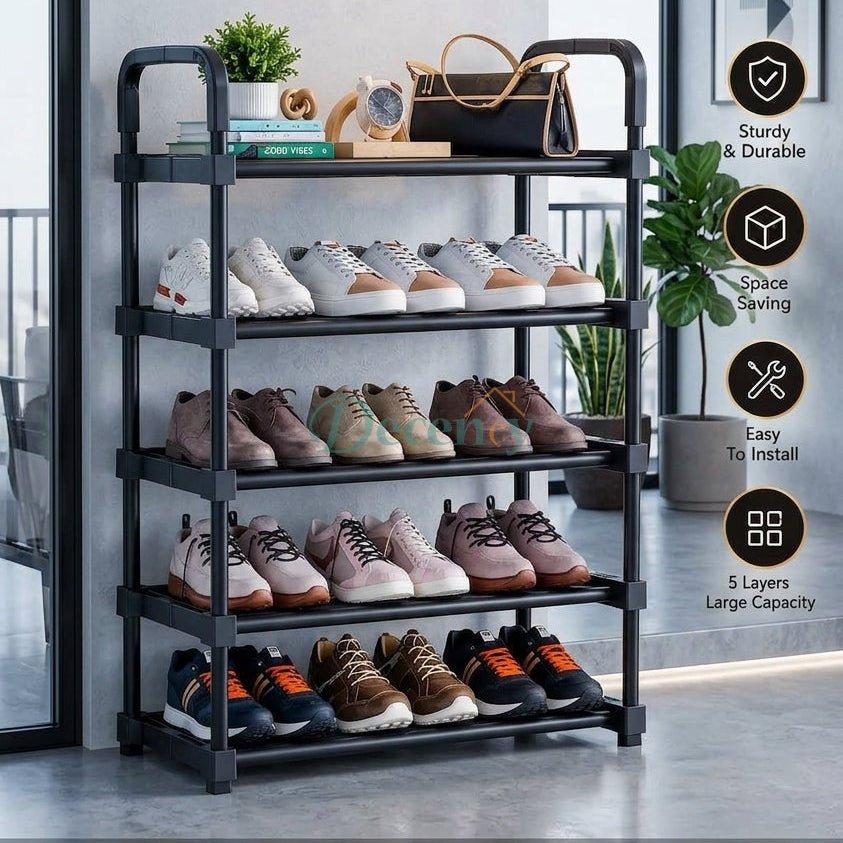 Black 5-tier shoe rack filled with various shoes and a handbag on the top shelf