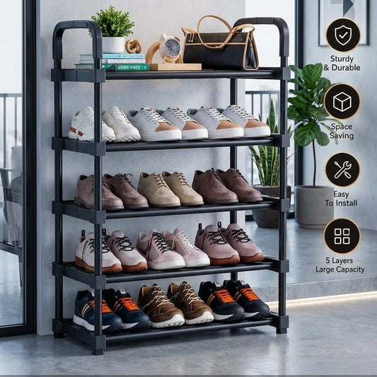 Black 5-tier shoe rack filled with various shoes and a handbag on the top shelf