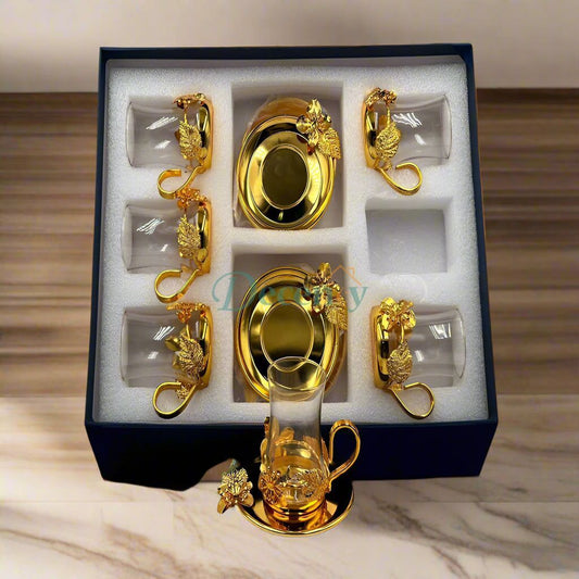RegalGold Arabic coffee glass set  12 piece Qahwa glass set with gold accents  premium Arabic coffee cups  luxury Qahwa serving glasses  heat-resistant Arabic coffee glasses