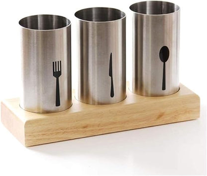 Cutlery Holder Stainless Steel Cutlery Basket with Wooden Base