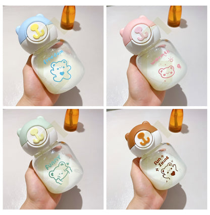 Cartoon Cute Bear Glass Water Bottle with Straw with Strap