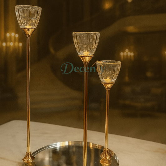 Golden Crystal Candle Holders with Metal Stand – 3Pcs