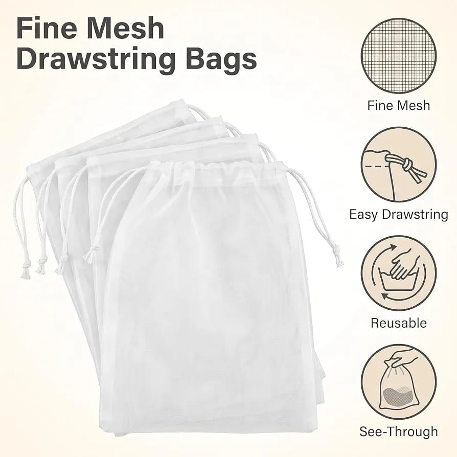 5-piece set of white reusable fine mesh nut milk strainer bags with drawstrings