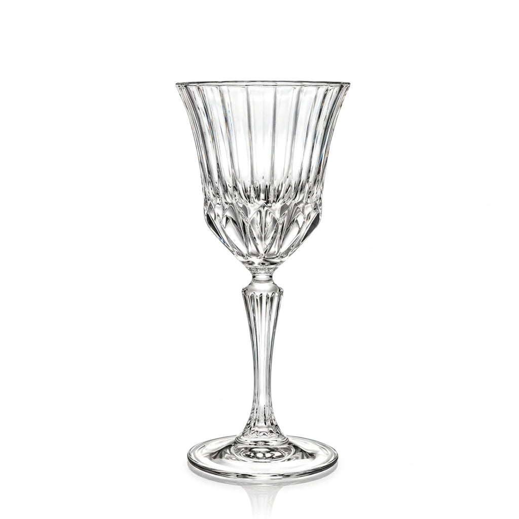 Front studio view of a single elegant Adagio cut glass wine glass against a clean white background