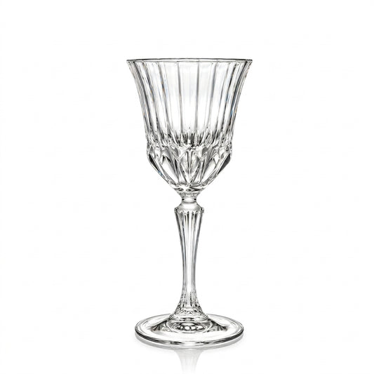 Front studio view of a single elegant Adagio cut glass wine glass against a clean white background