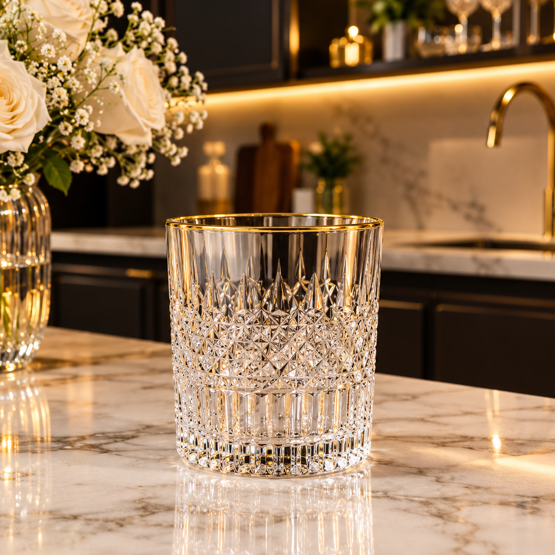 A single 6 pcs crystal cut design gold rim tumbler displayed prominently on a modern kitchen countertop next to a vase of white roses.