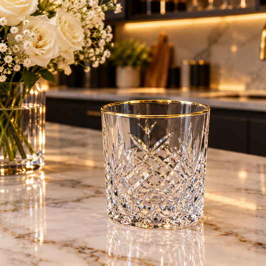 6 pcs crystal cut gold rim water glass set displayed on a luxury kitchen marble countertop in Pakistan