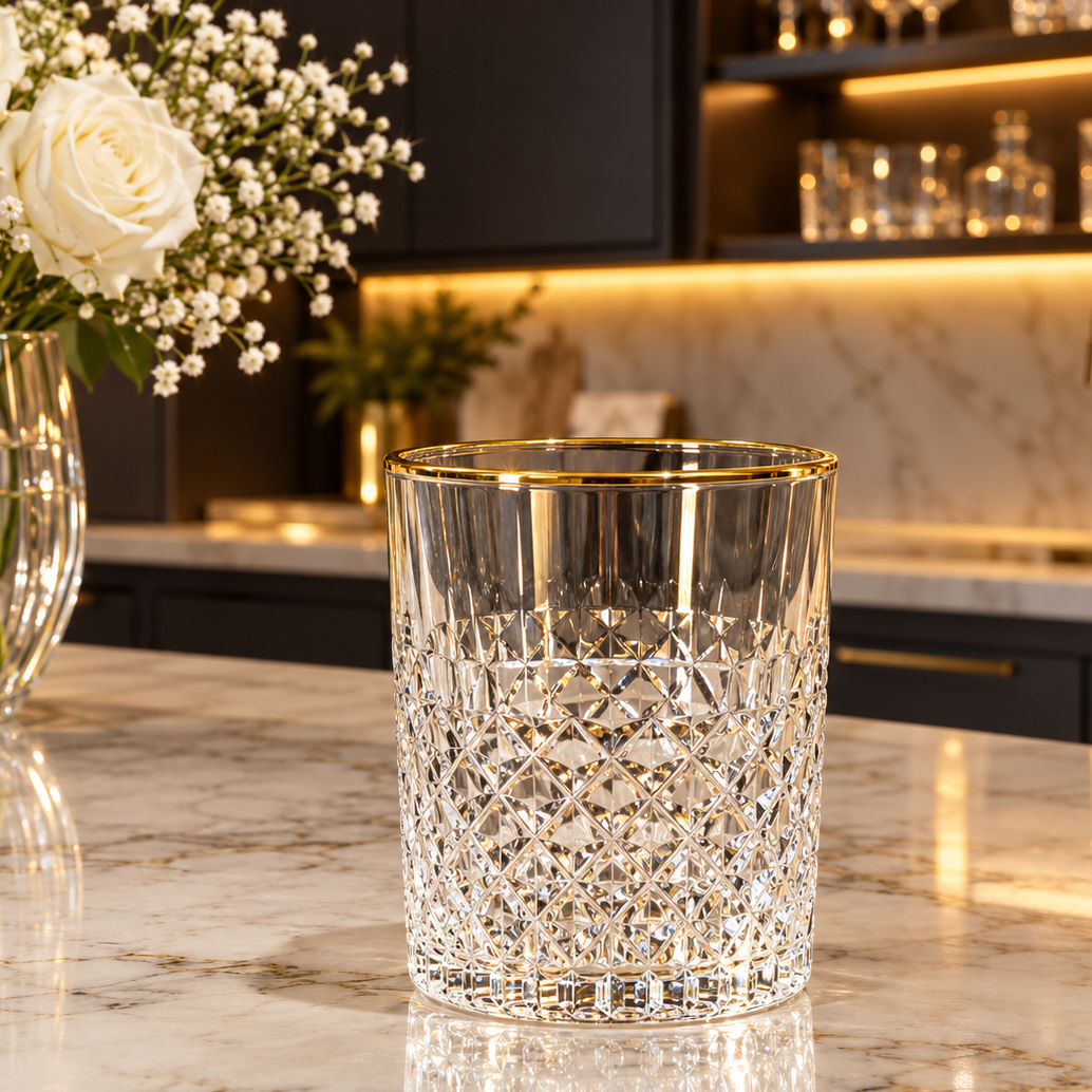 A single crystal diamond-cut glass with a gold rim placed on a marble kitchen countertop next to a vase of white roses.