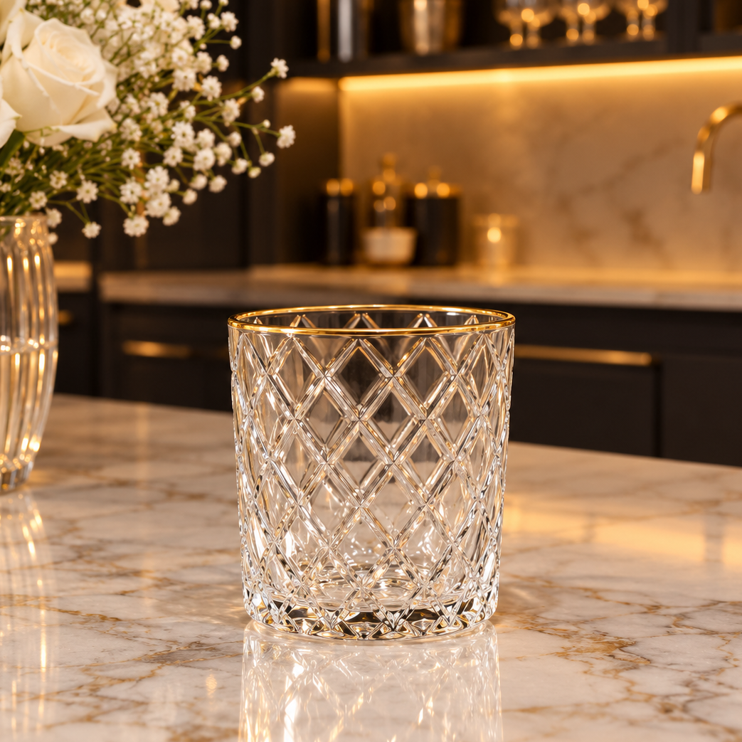 Front view of a 6 pcs diamond cut gold rim glass set placed on a luxury marble countertop.