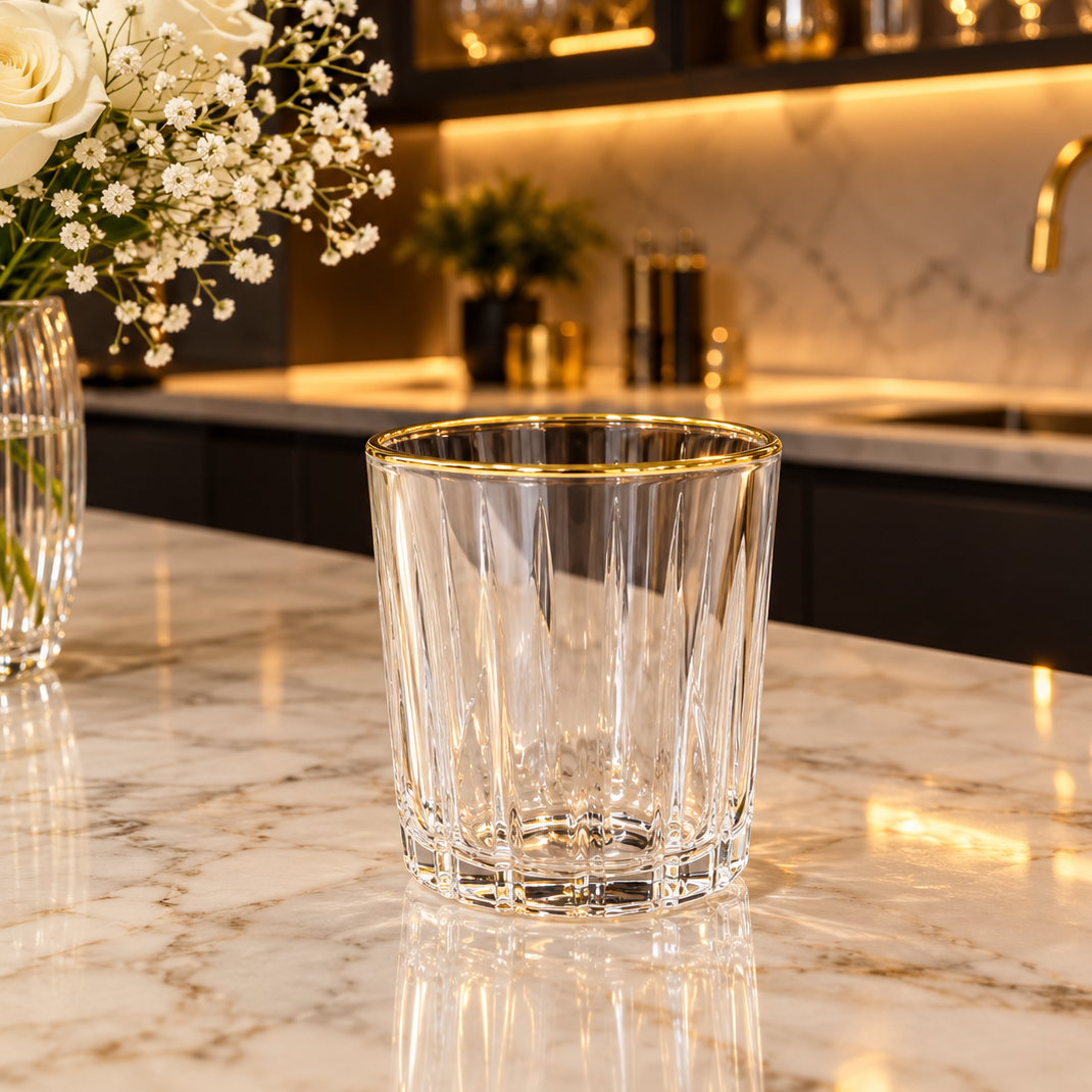A front view of a 6 pcs fluted crystal glass set featuring a metallic gold rim on a polished marble kitchen counter.