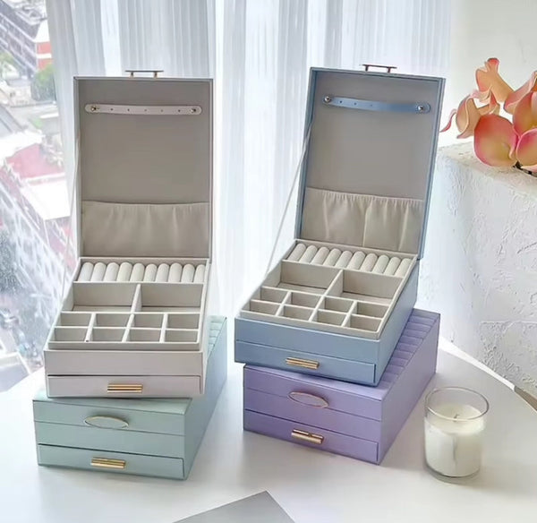 2-Tier Velvet Jewelry Box Organizer with Drawer & Ring Slots