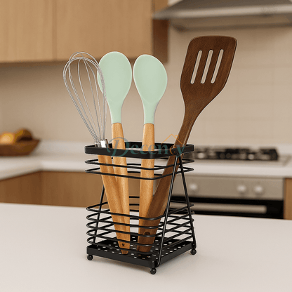 Premium Black Metal Spoon and Cutlery Holder Utensil Stand for Kitchen Organization