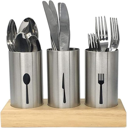 Cutlery Holder Stainless Steel Cutlery Basket with Wooden Base