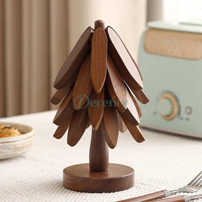 Foldable Wooden Coaster Set and Decorative Table Trivet with Storage Stand (Walnut Wood)